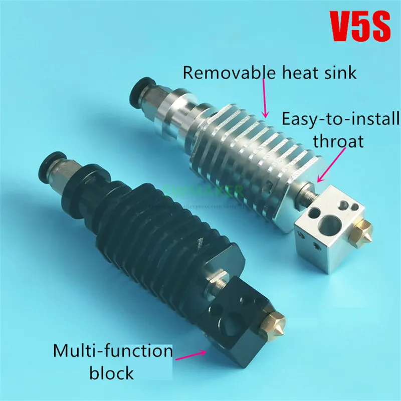 New V5S V6S Straight-through hotend printing head with Hexagonal heat sink / PT100 block for V6 V5 extruded 3D printer parts