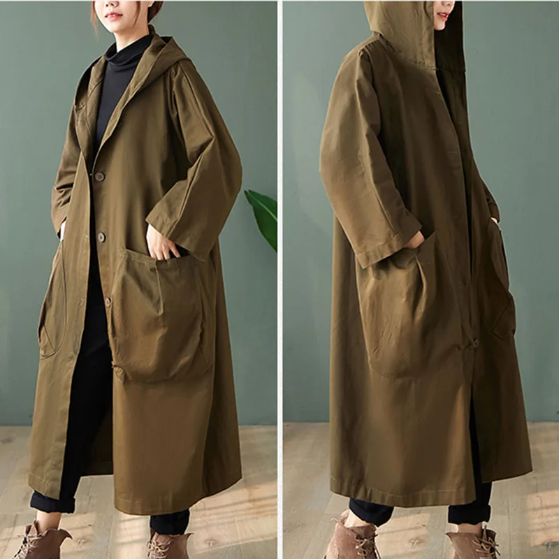 

LDKVGSU 2021 Autumn New Loose Hooded Single Breasted Windbreaker Simple Casual Solid Color All-match Women Long Coat