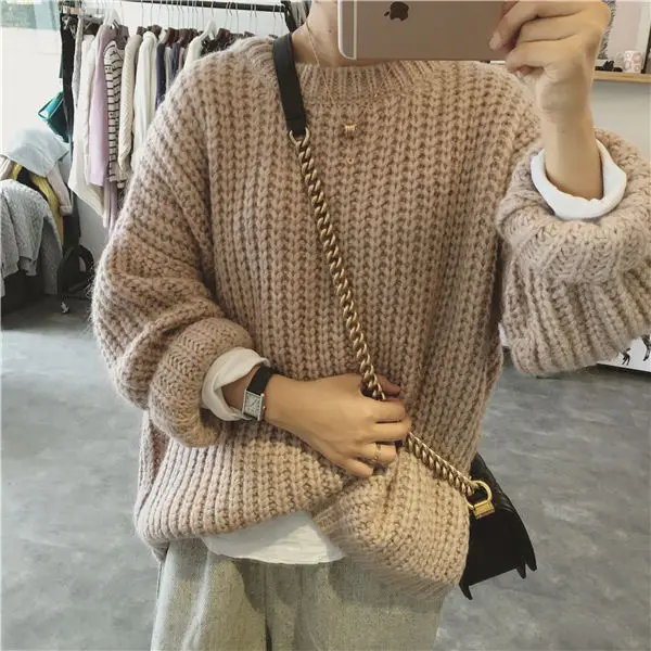 Pullover Women Solid O-neck Knitted Stylish Retro Loose Harajuku Korean Style Chic Daily Womens Sweaters All-match Winter Simple