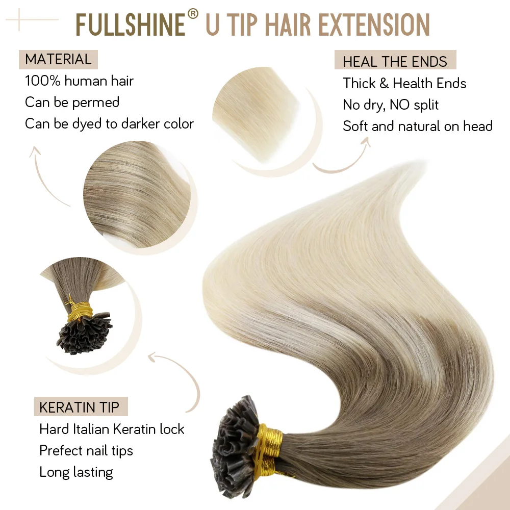 Full Shine U Tip Hair Extensions Fusion Hair Balayage Color 40-50g Keratin Glue Beads Prebonded Human Hair Extensiones