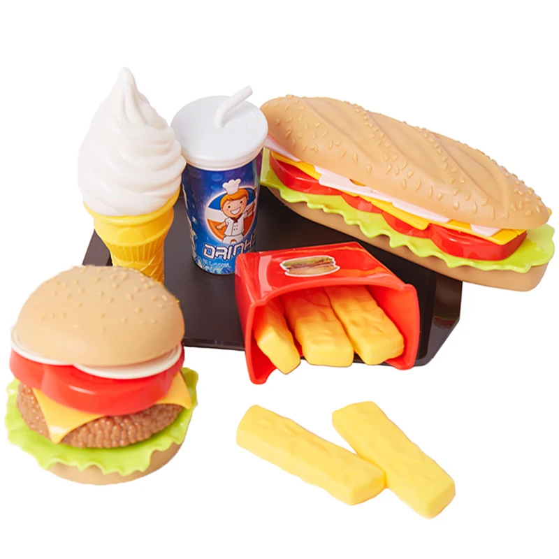 Juguetes de comida de imitación para niños, casa de juegos para bebés, hamburguesa, perro caliente, patatas fritas, juego de cocina, juguetes educativos de comida rápida