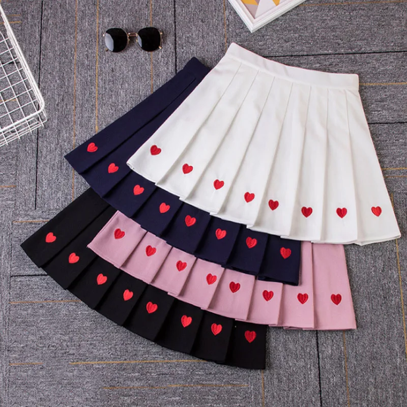 

Black Heart Embroidery Pleated Mini Skirt Women Summer Girl High School Student Skirt Sweet High Waist Skirt Aline Saia Feminina