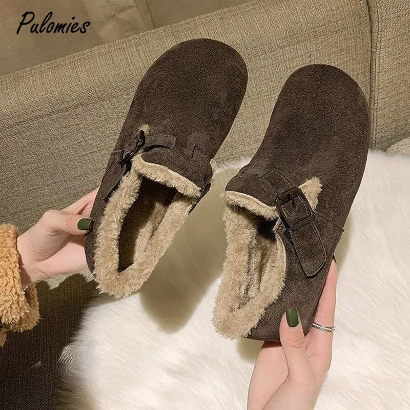 2021 Winter Hot New Short Boots Buckle Strap Women Shoes Fur Plush Slip-on Flat Solid Footwear Warm Female Snow Boots ботинок