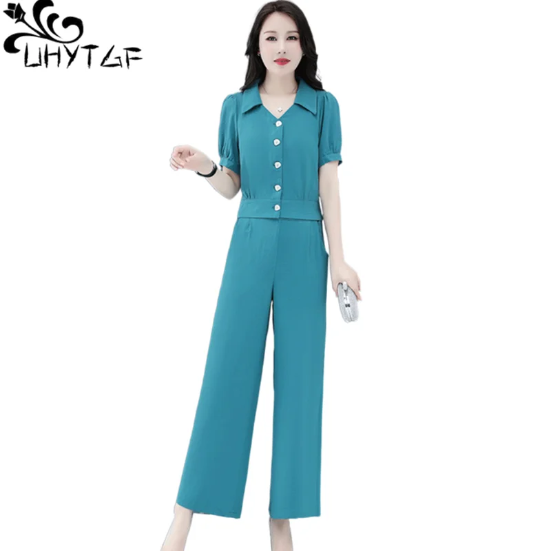 UHYTGF Womens Suit Fashion Single-Breasted Short Top Summer Two-Piece Set Female Wide Leg Pants Casual Loose Size Tracksuit 1596