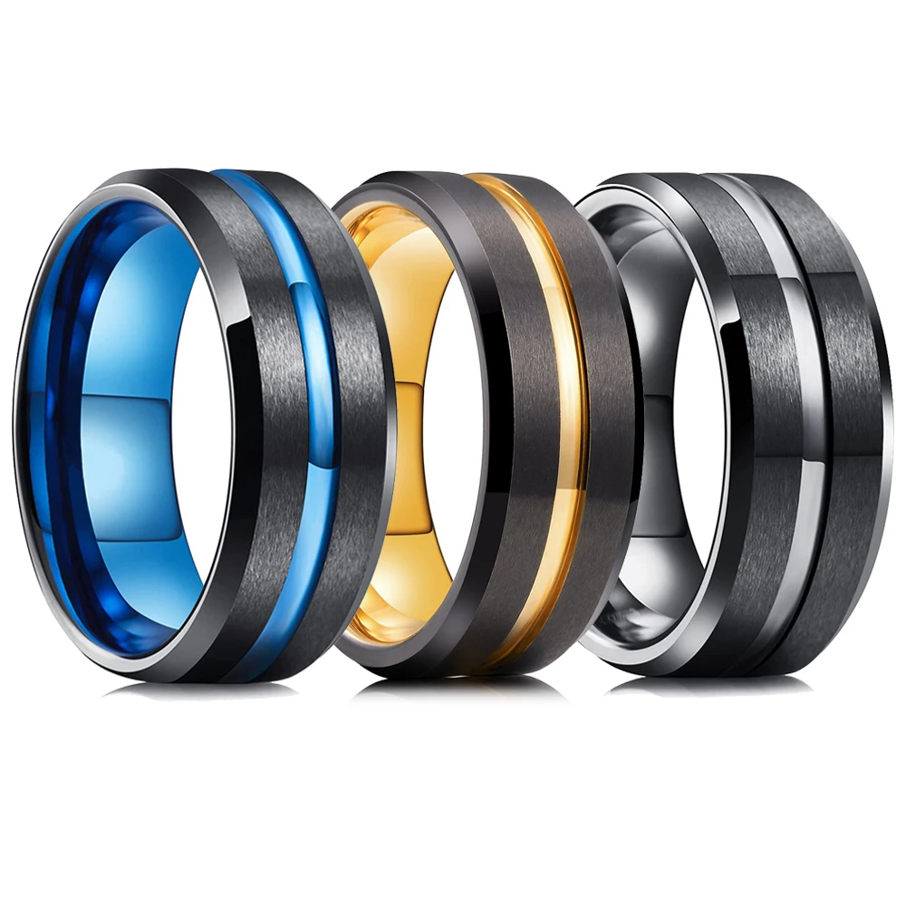 Trendy Men\'s 8mm Black Tungsten Wedding Band Rings Blue Gold Color Groove Beveled Edge Stainless Steel Engagement Rings For Men