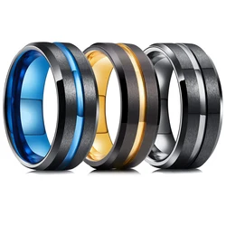 Trendy Men's 8mm Black Tungsten Wedding Band Rings Blue Gold Color Groove Beveled Edge Stainless Steel Engagement Rings For Men