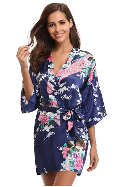 Bata de baño de seda satinada para boda, kimono corto de dama de honor de la novia, a la moda, estilo floral, para noche de mujer