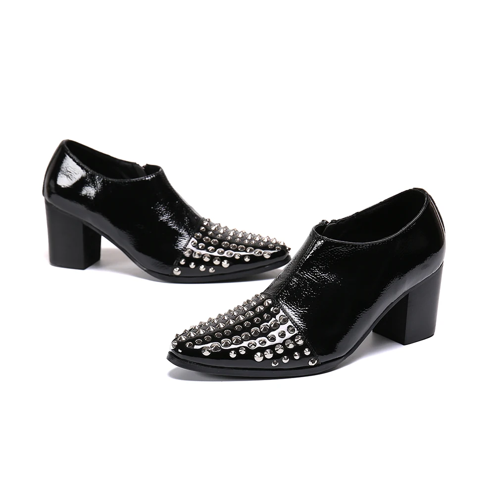 Men Rivet High Heels Genuine Leather Shoes Pointed Toe Zipper British Style Dress Night Club Shoes Sapato Social Masculin