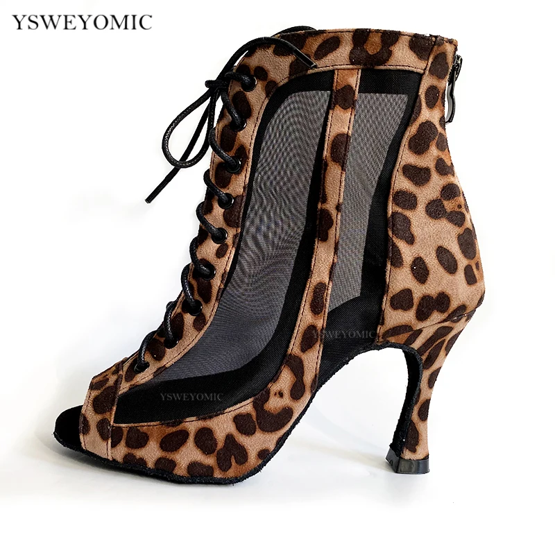 Ladies Dance Bootie 2021 Newest Style Leopard Flock Soft Thicker Padding Insole Stable Bachata Salsa Dance Shoes Latin Women