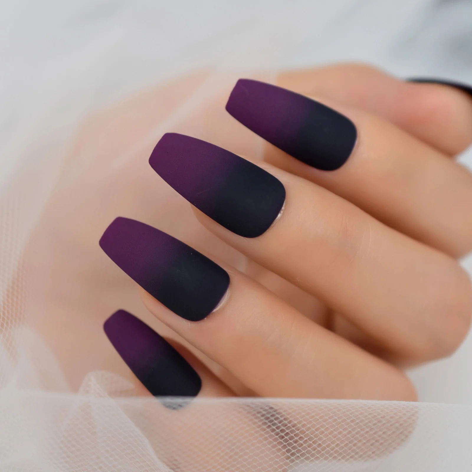 Purple Ombre Black 24 Pcs Matte Press on Nails Medium Long Square Coffin Fake False Nails Full Cover for Women and Girls