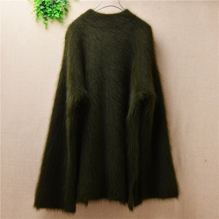 pull female women thick warm mink cashmere turtleneck long flare sleeves loose pullover angora fur knitted jumper sweater P101