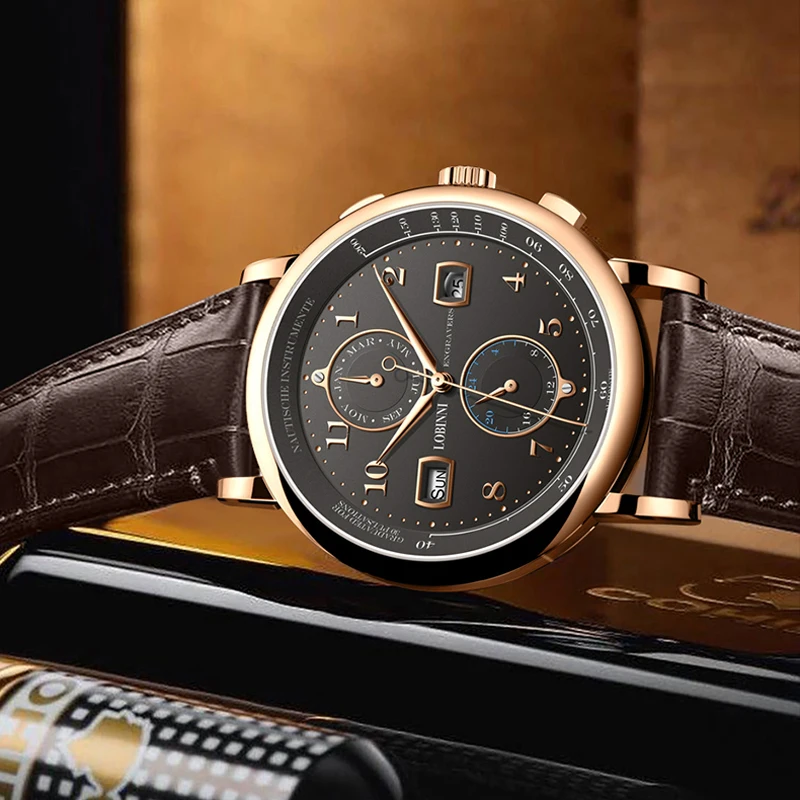 LOBINNI Orologio da lavoro Top Brand di lusso Moda Uomo in pelle Impermeabile 50M Orologio da polso meccanico maschile con datario