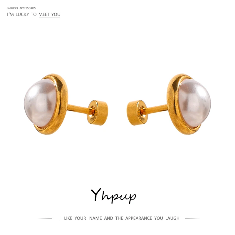 Yhpup Imitation Pearls Screw-Back Stud Earrings Trendy Stainless Steel Jewelry Geometric 18 K Plated Charm for Women Gala Gift