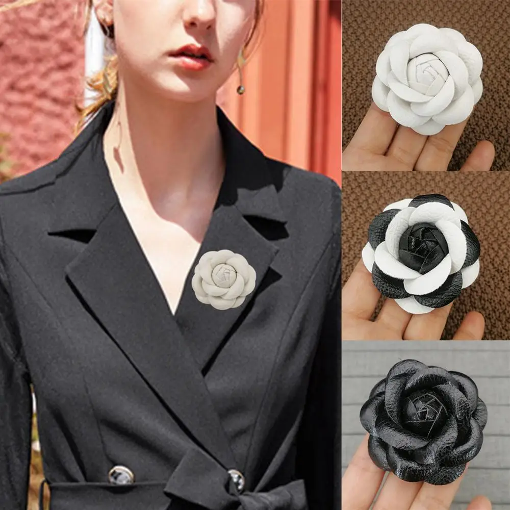 Broches de lazo de flor de Camelia de cuero genuino para mujer, broches de Lazo de cinta de gran tamaño, alfileres de broche de lazo, accesorios de camisa de vestido, blanco y negro