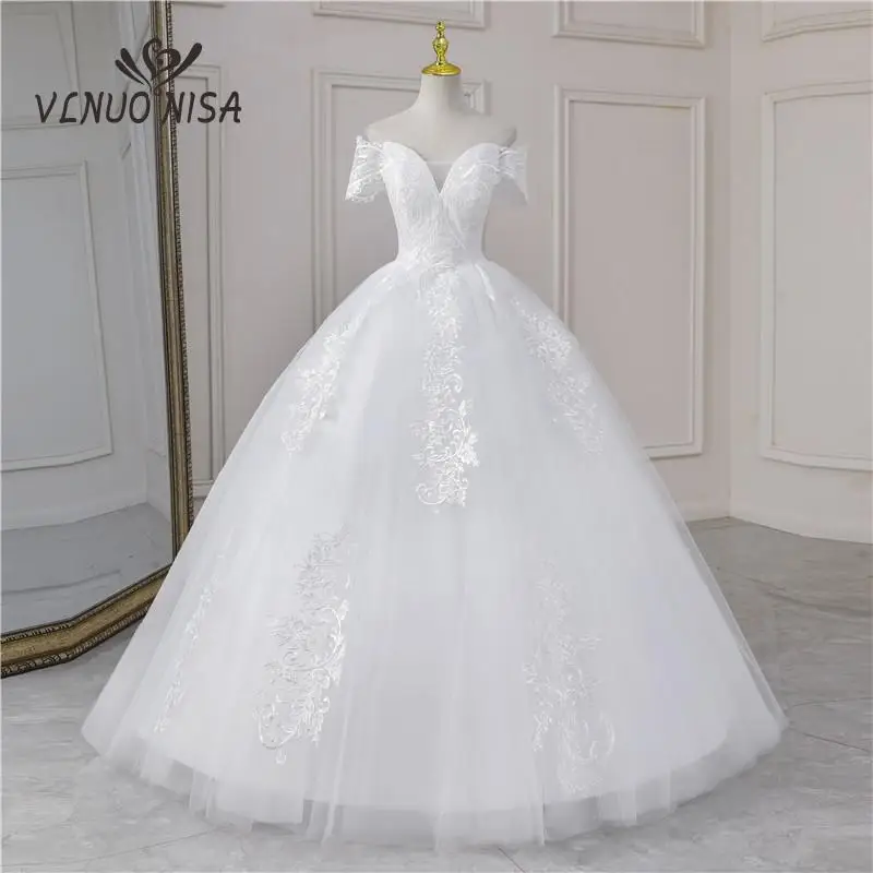 Customized Real Video New Fashion Off Shouder V Neck Plus Size Wedding Dress with Sleeve Long Lace Appliques Bridal Gown