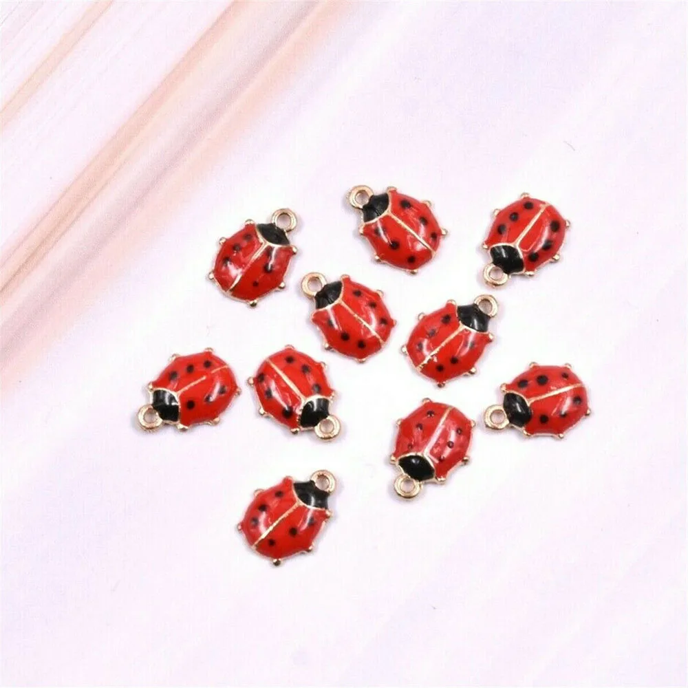 DIY Ladybug Alloy Charms Bracelet Jewelry Gold Tone Red Enameled Necklace Pendants Red Plated Bead Alloy Jewelry Accessories