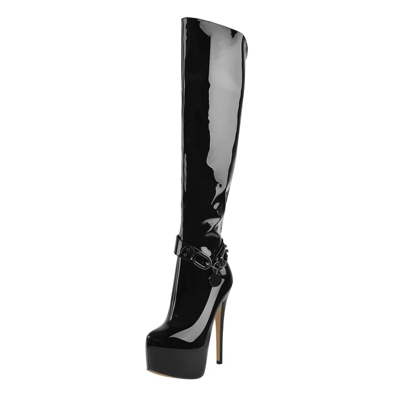 Onlymaker Thin High Heel Over The Knee Boots Lady Black PU  Crocodile Print Metal Chain Decoration Zipper Winter Women Boots