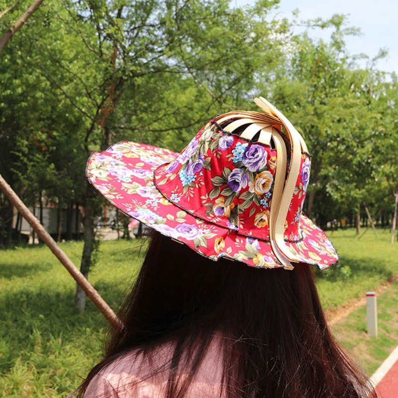 Q0KE Hat for Traveling Adjustable Hat to Handheld Folding Fan Foldable Bamboo Hat and Fan Summer Beach Foldable Hat and Fan