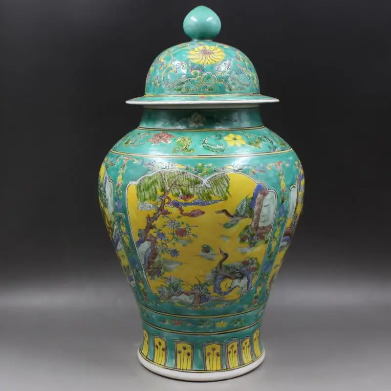 Qing Dynasty Kangxi Year System Green Space Pastel Figure Ginger Jar Folk Collection Of Old Goods Ancient Porcelain temple jar