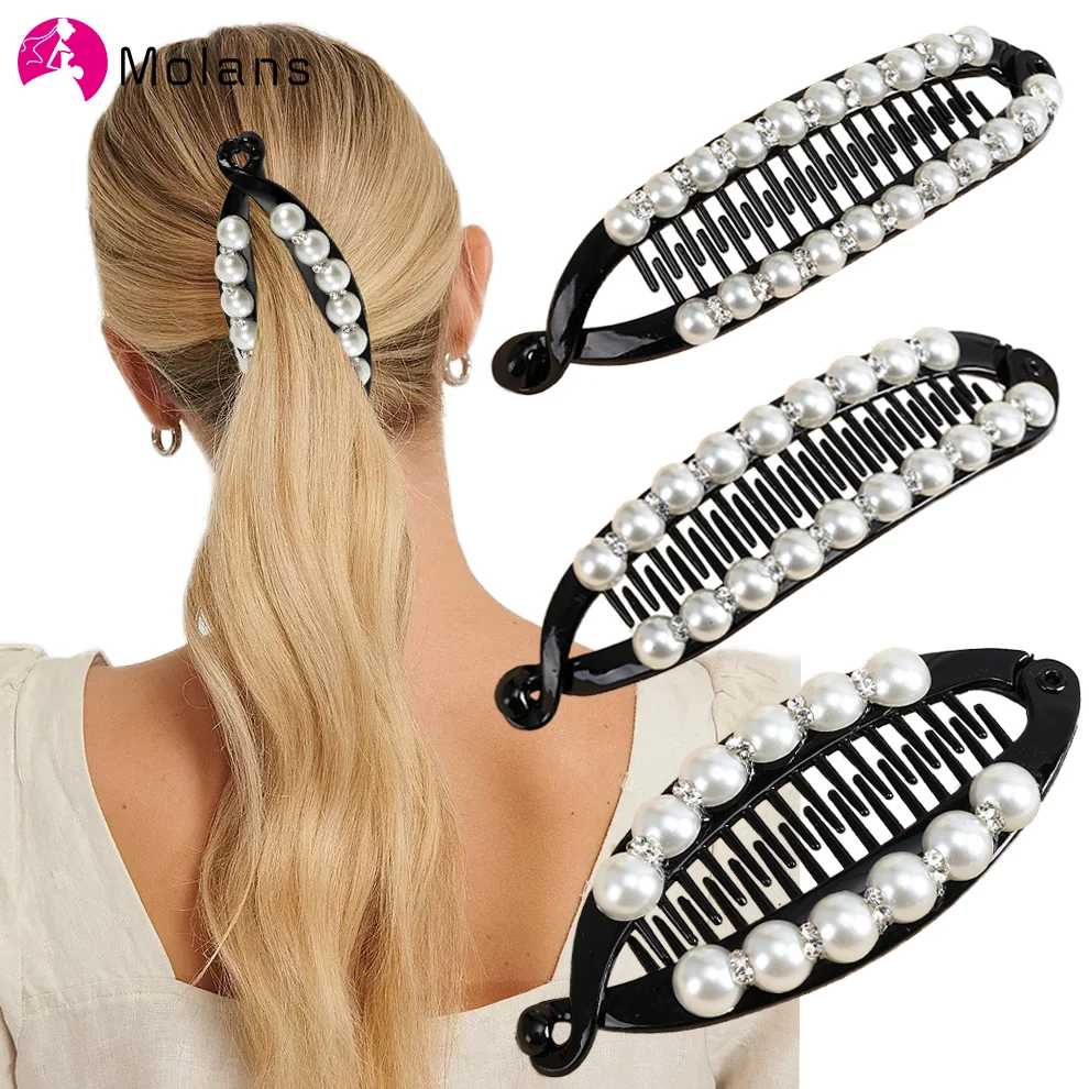 Molans Women Hair Claw Clip Pearl Rhinestone Hair Clip For Girls Clincher Combs Barrettes Hairpin Fishtail Clip Hair Accessories