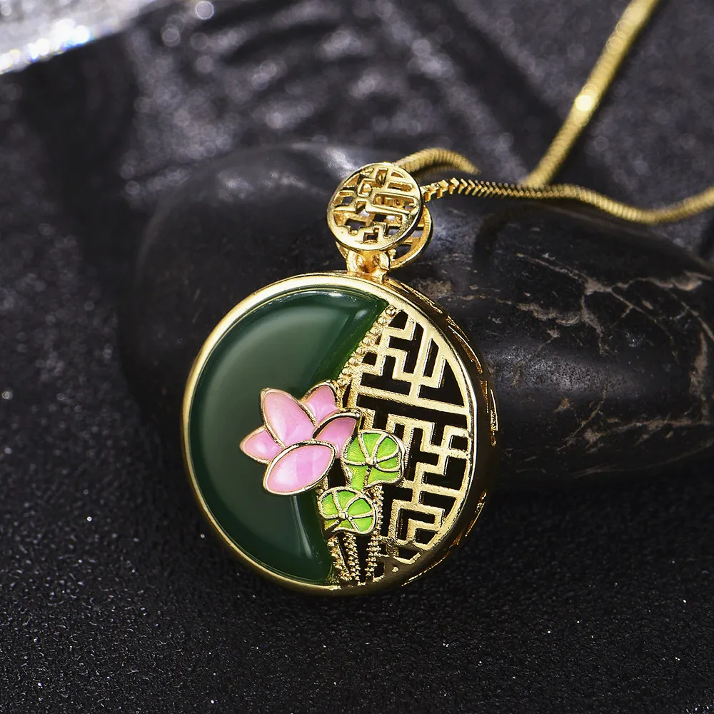 Vintage Lotus Enamel Green Jade Pendant Necklaces for Women Jewelry Choker Chian Fashion Birthday Party Gifts Accessories Trendy