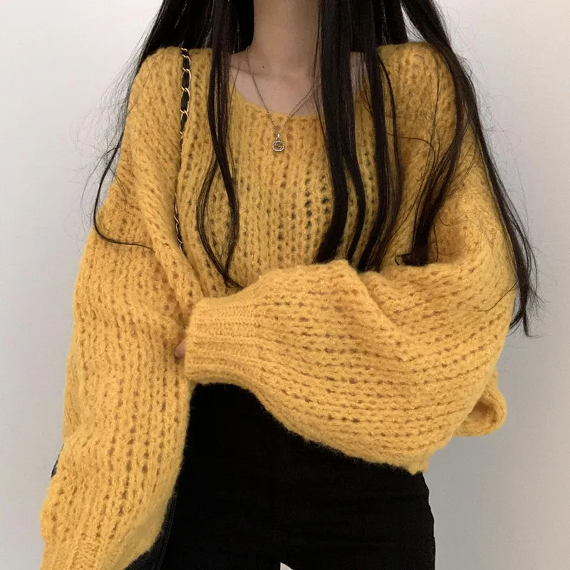 PLAMTEE 2022 New Autumn Women Sweater O Neck Lantern Sleeve Loose Casual Basic All-Match Minimalist Women Hot Pullover