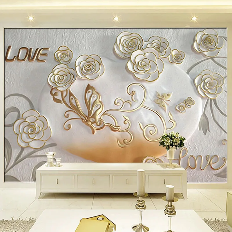 Custom 3D Stereo Relief Love Rose Flowers Mural Wallpaper Living Room TV Sofa Bedroom Background Wall Painting Papel De Parede