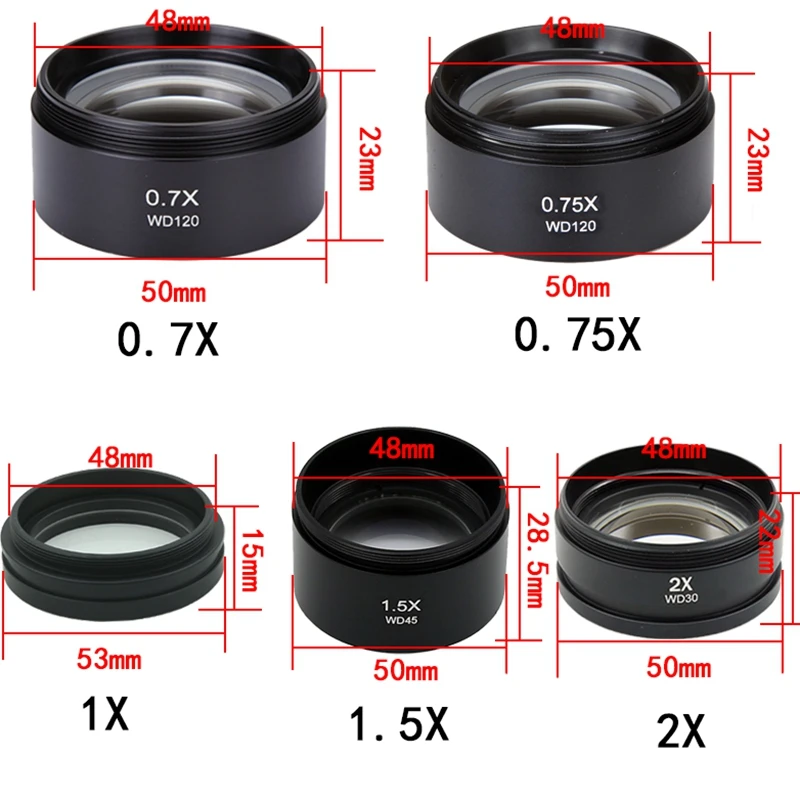 Lentille d'objectif auxiliaire pour Microscope stéréo Zoom, lentille de fixation, 0,3x0,5x0,7x0,75x1x1,5x2x, 48 mm