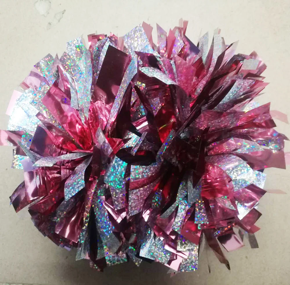 Cheerleader Pom Poms with Holographic Silver, Baton Handle, Metallic Pink, 6 