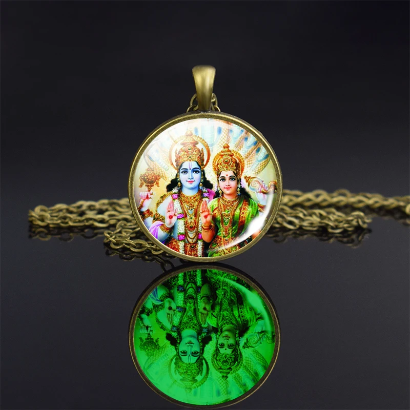 1pc Luminous Lakshmi Goddess God Ganesh Bronze Necklace Glowing Hinduism Glass Cabochon Jewelry Pendant Amulet Gift