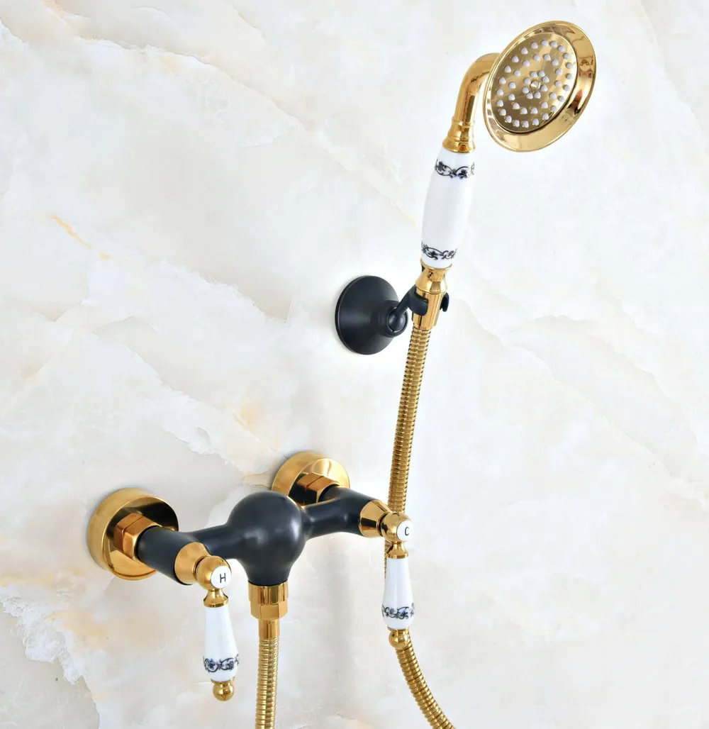 

Black Gold Wall Mounted Bathroom Faucet With Hand Held Shower Head Bathroom Shower Faucet Set Mixer Tap zna502