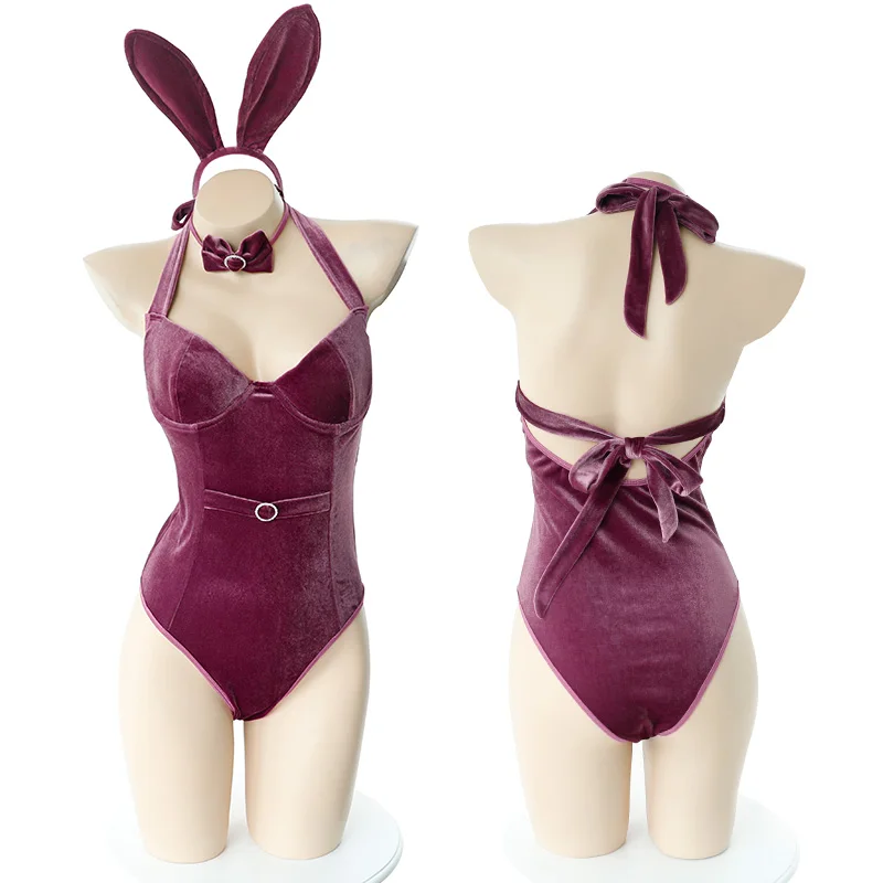 Purple velvet passion open crotch jumpsuit sexy cosplay rabbit girl student uniform woman bodysuit