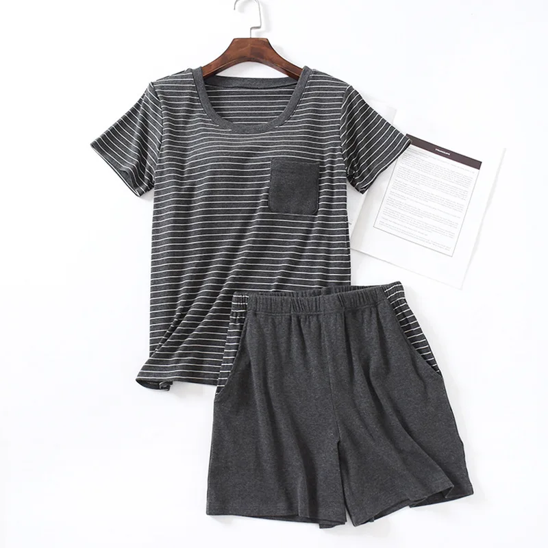 Pyjama Woman Set 2023 Casual Summer Pajamas Short Sleeve Striped Top + Pant Two Pieces Home Suit Bra Padded Sleepwear Pijama