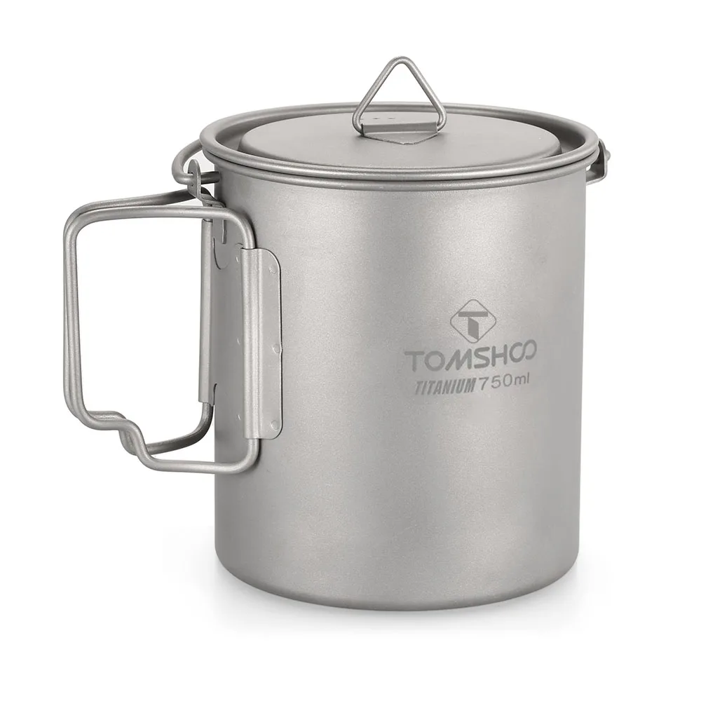 Tomshoo-olla de titanio ultraligera de 750ml, taza de agua portátil de titanio con tapa, mango plegable, suministros de pícnic para acampar al aire libre