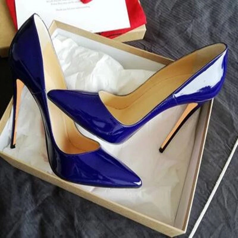 Dark Blue Patent Leather Pumps Woman 12/10/8cm High Heels Summer Dress Wedding Shoes Women Sexy Slip-On Party Stiletto Heels