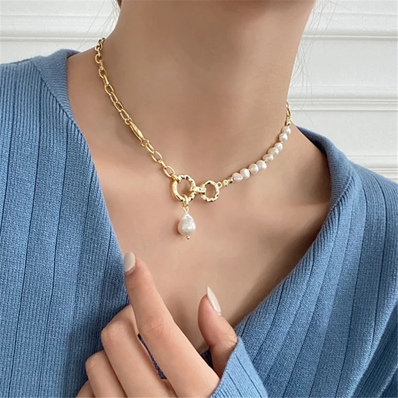 Yangliujia  Baroque Natural Pearl Necklace Bohemian Fashion Temperament Simple  Chain Clavicle Women Jewelry Gift Accessories