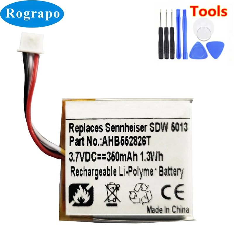 

New 3.7V 350mAh AHB552826T Replacement Battery For Sennheiser SDW 5013 5014 5015 5016 Accumulator Batterie 3-wire Plug+tools