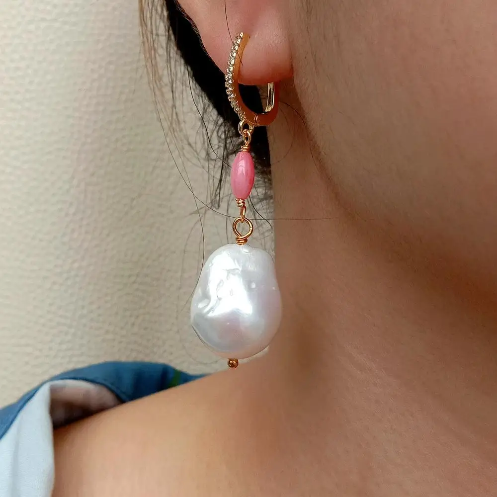 KKGEM  Pink Coral  rice Freshwater Cultured Cultured Nucleated Flameball Baroque Pearl Dangle Cz Pave Lever Back Earrings