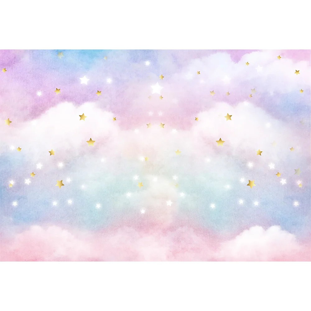 Pano de fundo para fotos de aniversário, tema de arco-íris em nuvem com estrelas douradas, para recém-nascidos, retrato de fundo para fotografia