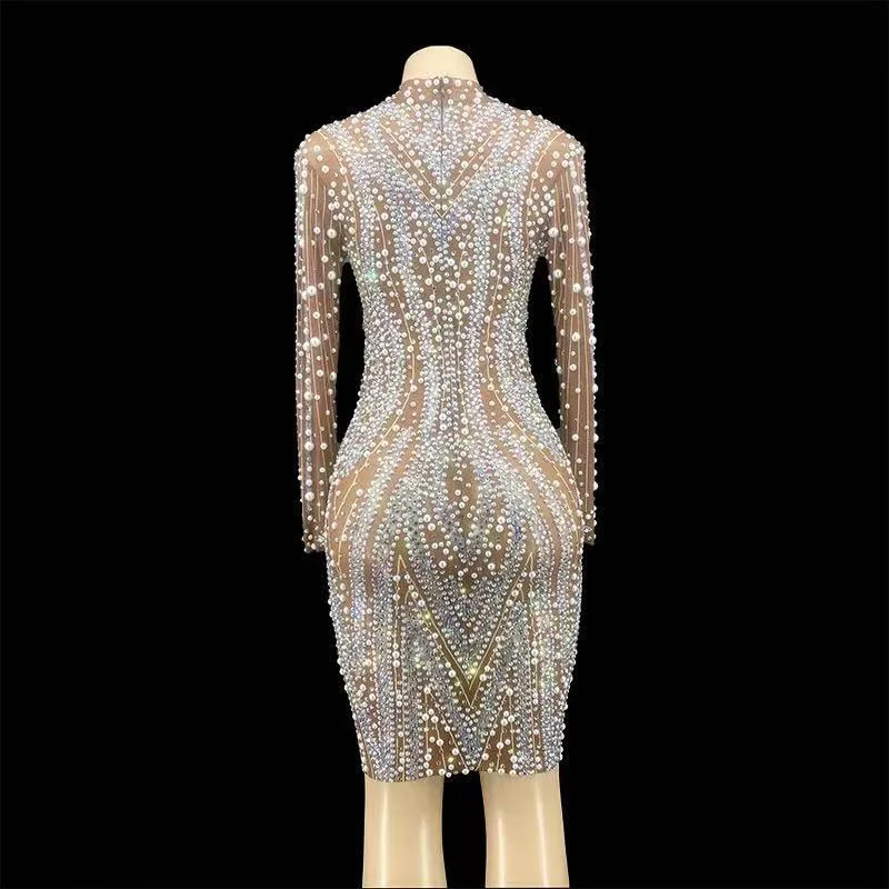 

Flashing Rhinestone Pearls Transparent Short Dress Evening Birthday Celebrate Costume Wedding Dancer Prom Party Dress