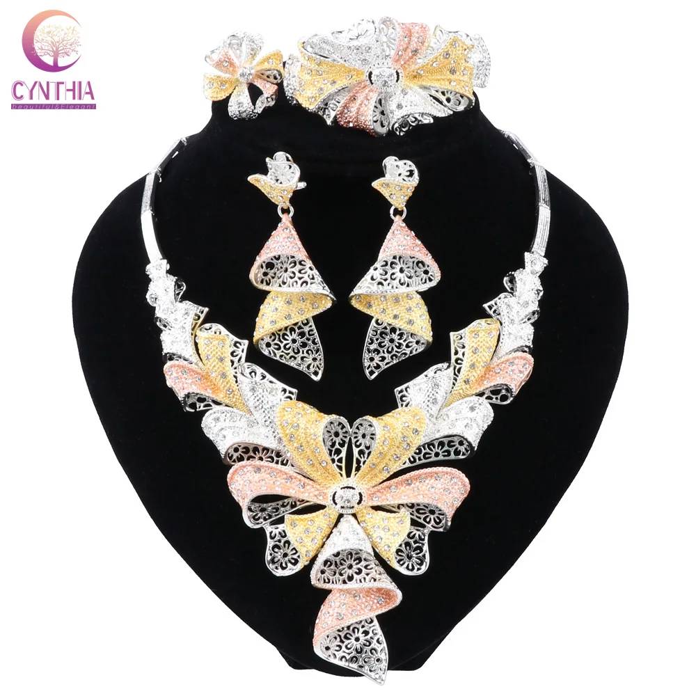 

CYNTHIA Dubai Jewelry Sets Necklace Classic Flower Shape Bracelet Earrings Ring for Women Wedding Jewelry Sets for Bride