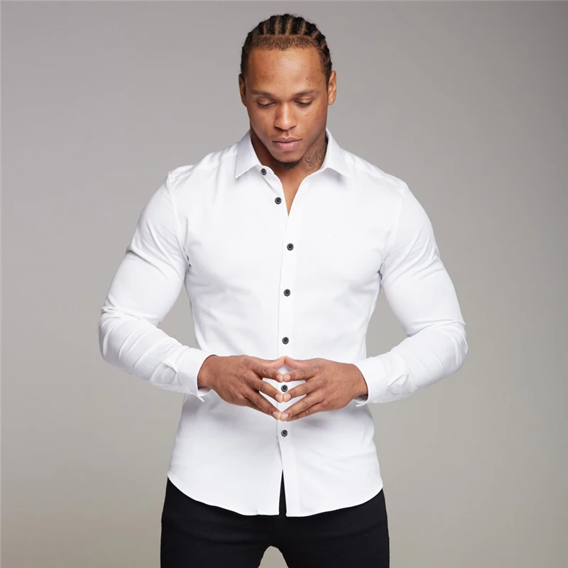 Youth Business White Shirt Men's Long Sleeve Slim Fit Non-iron Professional Formal Wear Solid Color Shirt