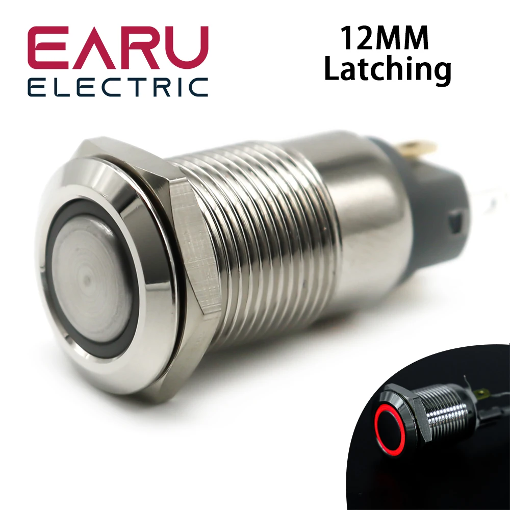 12mm Waterproof Latching Flat Round Stainless Steel Metal Push Button Switch LED Light Shine Car Horn Fix 3V 5V 12V 24V 220V