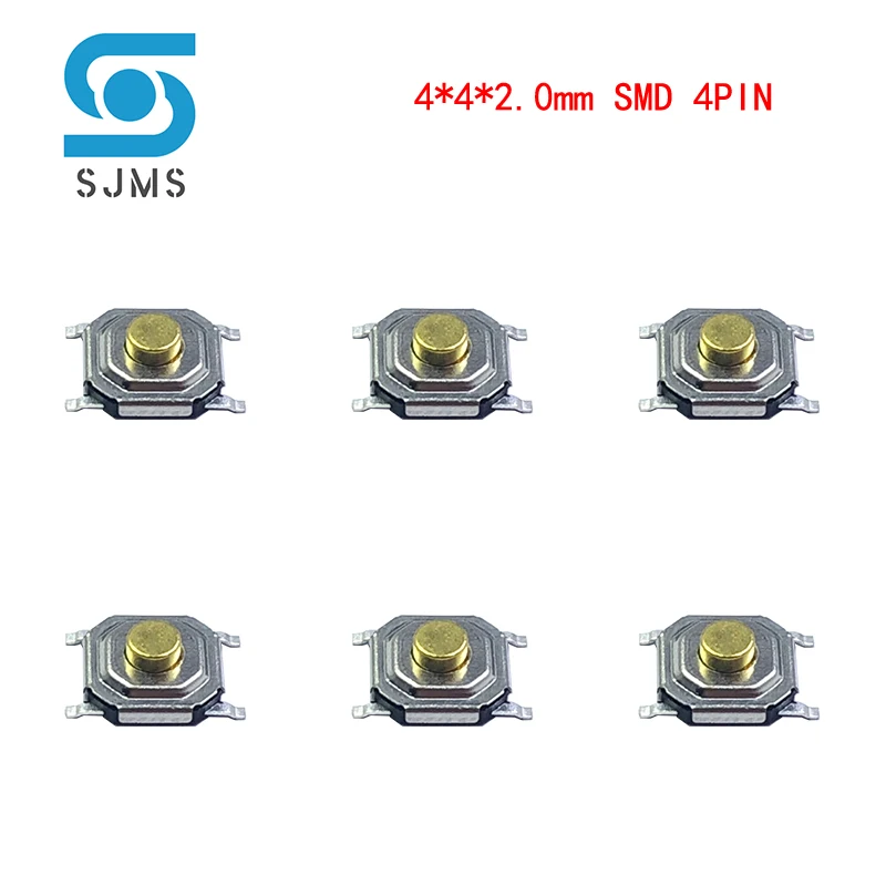 SJMS 100PCS Waterproof  Copper Pillar Tactile Push Button Switch 4x4X2.0 Micro Switch 4*4*2.0 mm mini Tact Switch SMD 4 Pin