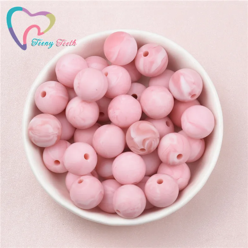 10 PCS Marble Pink Silicone 12-19 MM Round Beads,Marble Colors Series Teething Chewable Baby Hexagon 14-17MM Loose Teether Beads