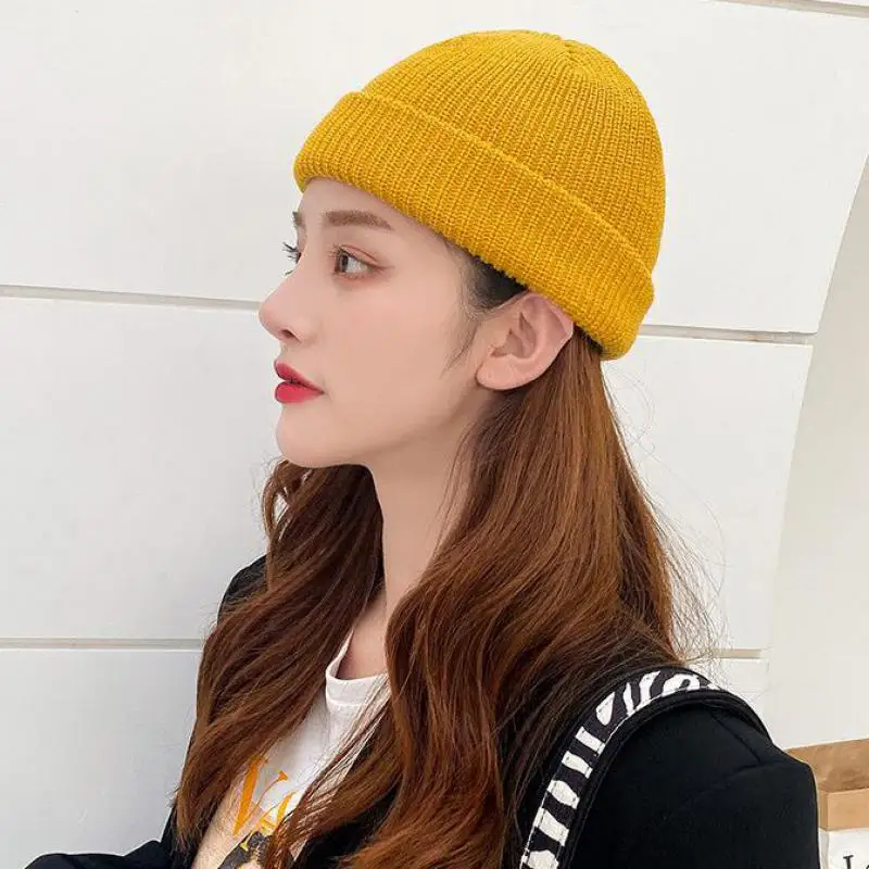 Hats For Women Black Beanie Knitted Hat Winter Men's Hats Women Beanies For Ladies Skullcap Solid Cap Retro Brimless Baggy