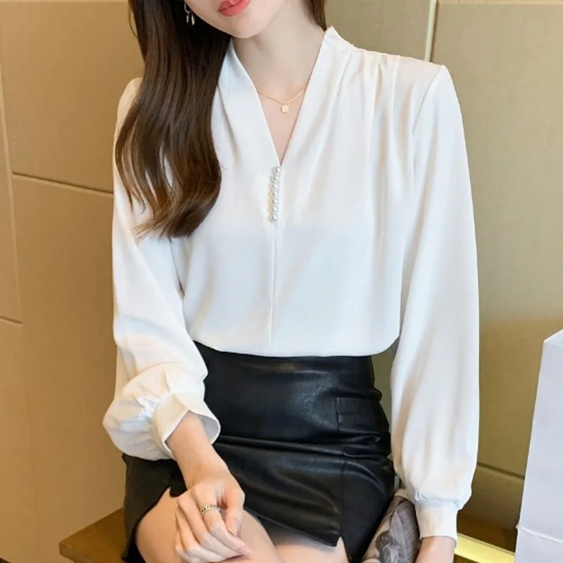 Shirt Female Tops Autumn White Long Sleeve French Style V-neck Blouses Women Blusas Mujer Button Solid Dropshipping Clothes 1476