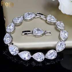 Pera Luxury Wedding Party Jewelry Silver Color Big Water Drop White CZ Crystal Chain Link Bracelets Bangles for Bridesmaid B001