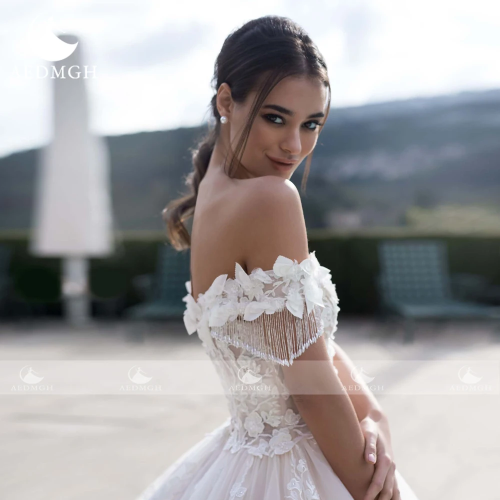 Aedmgh Ball Gown Beach Wedding Dresses 2024 V-Neck Tassel Off The Shoulder Robe De Mariee 3D Flowers Appliques Bridal Gowns