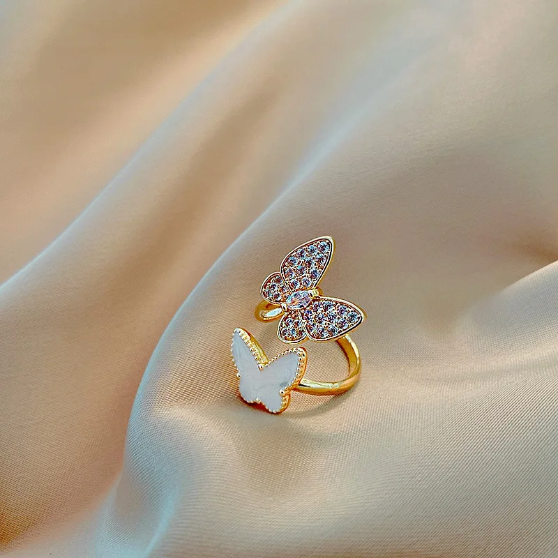 Double Butterfly Rings for Women Opening Adjustable Index Finger Ring Rhinestone Ring Luxury Jewelry Temperament Accessories